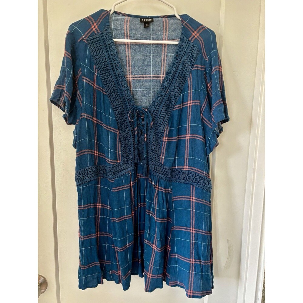 Torrid 3x Crochet Inset Lace Up Peplum Babydoll Blouse Blue Plaid Grunge Boho